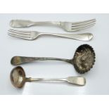 Four pieces of Georgian and William IV hallmarked silver cutlery comprising berry sifter ladle,