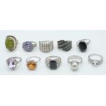 Ten silver rings set with peridot, amethyst, quartz, spihel, itinga petalite, topaz, blue diamond,