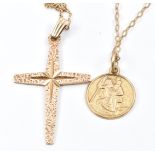 Two 9ct gold chains, a 9ct gold St Christopher and a 9ct gold cross, 5g