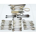 Hallmarked silver and white metal cutlery comprising set of six hallmarked silver teaspoons with