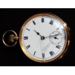 Unnamed 18ct gold keyless winding open faced pocket watch with inset subsidiary seconds dial,