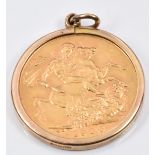 A 9ct gold pendant set with a 1908 gold full sovereign with Sydney Mint mark, 9.1g