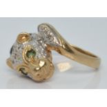 A 9ct gold ring in the form of a leopard set with diamonds, sapphires and emeralds, 4.5g, size I/J