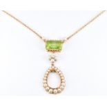 Edwardian necklace set with an emerald cut peridot, seed pearls and a diamond, length 40.5cm