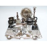 Silver plated ware to include King's pattern cutlery, candlesticks and folding cake stand