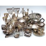 Quantity of silver plate including Walker & Hall teapot, teasets, swing-handled basket, set of six