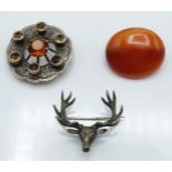Scottish silver brooch / kilt pin set with citrine, a carnelian agate brooch and a white metal