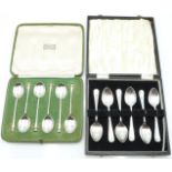 Two cased sets of six hallmarked silver tea or coffee spoons, one in Harrods box, weight 96g
