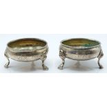 Pair of Georgian hallmarked silver hoof footed open salts, London 1767 maker William Kersill,