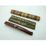 A 19thC Morocco leather large needle case with contents, straw work needle case and an mahogany