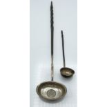 George III silver coin based toddy ladle together with a similar smaller ladle, length of longer