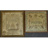 Two 19thC embroidery samplers by Elizabeth Jane Naunton, aged 9, and Maria Wilson, largest 35 x