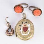 A pair of Victorian earrings set with carved coral and a Victorian locket (2.5cm diam)