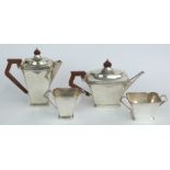 Art Deco hallmarked silver four piece teaset with geometric shape and decoration, Birmingham 1931