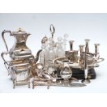 Plated ware including bottle cruet, Aesthetic style tea set, candelabra, chamber sticks, cutlery