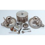 19thC silver plated tea caddy together with a pair of chamber sticks, clock key etc