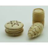 Three 19thC Indian Madras ware ivory turned vinaigrettes, largest diameter 2cm