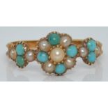 Victorian ring set with seed pearls and turquoise, 1.8g, size L
