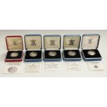 Five Royal Mint silver proof £1 coins, 1983, 1988, 1990, 1991 and 1992, all cased with certificates