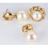 Three 9ct gold earrings set with a pearl to each