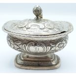 Georgian hallmarked silver pedestal mustard with embossed decoration, London 1818 maker J E Terrey &