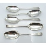 Georgian set of five bottom hallmarked silver table spoons, London 1774, maker Thomas Tookey, length