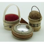 Three 19thC Indian Madras ware ivory pin cushions, two in the form of pails, largest diameter 4cm