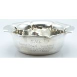 Hallmarked silver lobed dish with engraved "Dulwich College Prep School, Cranbrook Bettws-y-Coed