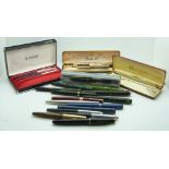 Eighteen various fountain pens and pen sets including Waterman, Parker Duofold with 14K gold nib,