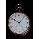 Syren gold plated keyless winding open faced pocket watch with subsidiary seconds dial, blued hands,