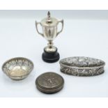 Hallmarked silver items comprising small twin handled trophy cup on ebonised base, Victorian