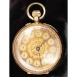 Unnamed 18ct gold keyless winding open faced pocket watch with blued hands, black Arabic numerals,