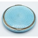 Blue guilloché enamel and hallmarked silver compact, diameter 55mm, weight 62g all in