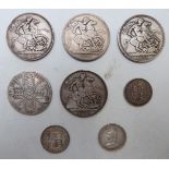 Eight Victorian silver coins to include two Jubilee crowns and a double florin, three Jubilee