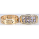 A 9ct gold ring set with amethysts and diamonds and a 9ct gold ring set with paste, 6.3g, sizes L/