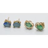 Two pairs of 9ct gold earrings, one set with emeralds the other opal triplets, 2g