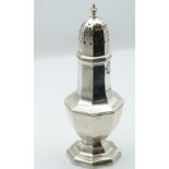 Walker & Hall hallmarked silver octagonal sugar caster, Sheffield 1954, height 21cm, weight 210g