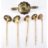 Victorian 9ct gold stick pin with horseshoe decoration (0.7g), and Toledo stick pins