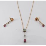 A 9ct gold necklace and earrings set with rubies and diamonds, 4.8g