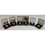 Six Royal Mint silver proof coins comprising three £2 examples, a £1 and two 50p, all cased with