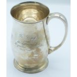 George VI hallmarked silver pedestal pint tankard of baluster form, Sheffield 1950 maker Cooper