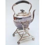 Silver plated spirit kettle on stand with reeded lower body, height 33cm