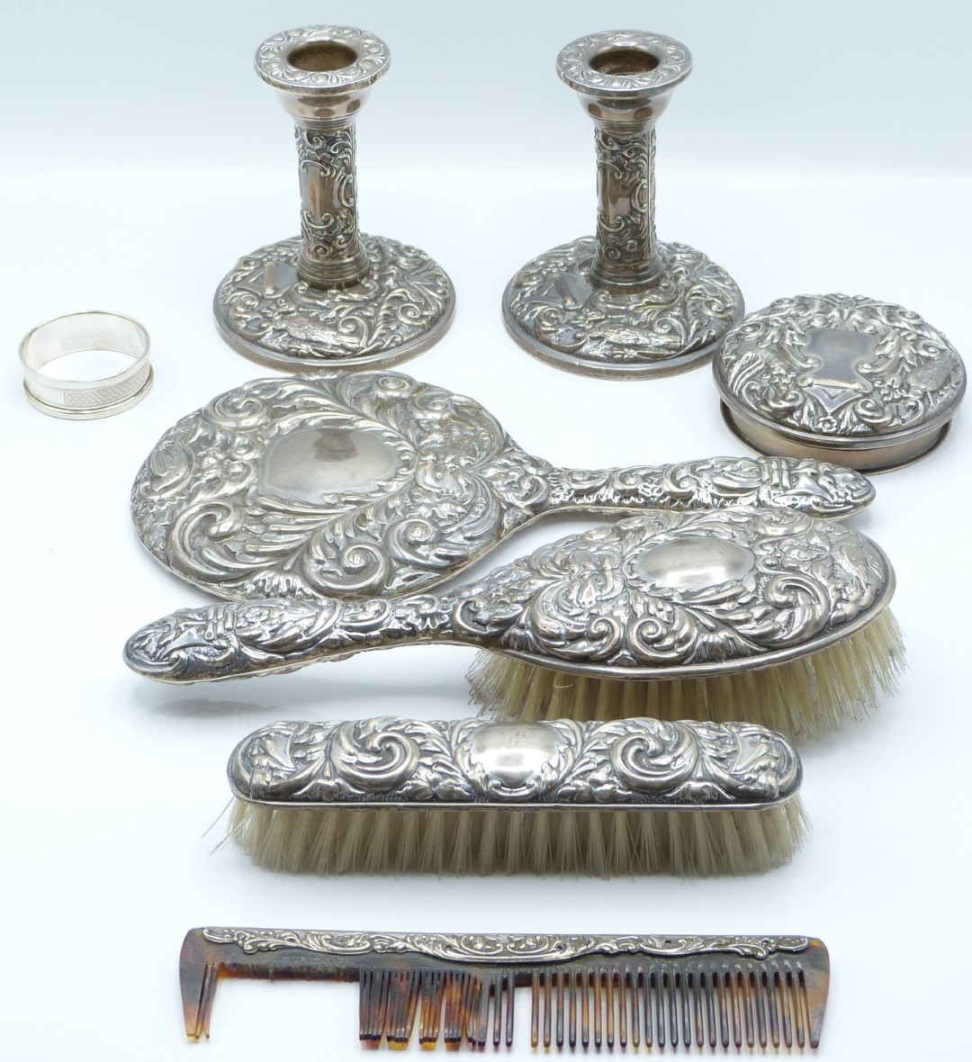 Hallmarked silver mounted dressing table items comprising pair of candlesticks, Birmingham 1984,