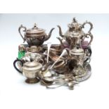 Quantity of silver plate to include oval galleried tray, length 40cm, Walker & Hall teaset, cased