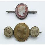 Victorian silver brooch set with a hardstone cameo brooch and a lava cameo brooch