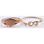 A 9ct rose gold signet ring and a 9ct gold ring, 2.0g, size K and F