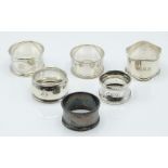 Six various hallmarked silver napkin rings, weight 126g