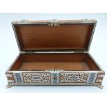 A 19thC wooden glove box with carved bone decoration, raised on lion pad feet, W20 x D9 x H6cm