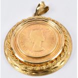 An 18ct gold pendant set with a 1966 gold full sovereign, 19g