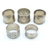 Five various hallmarked silver napkin rings, weight 116g